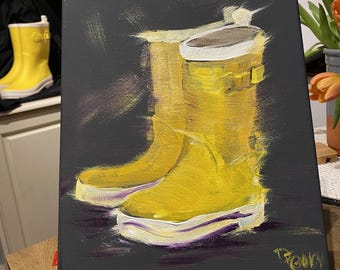 Botas de goma amarillas. Pintura acrílica original de 25 x 30 cm.