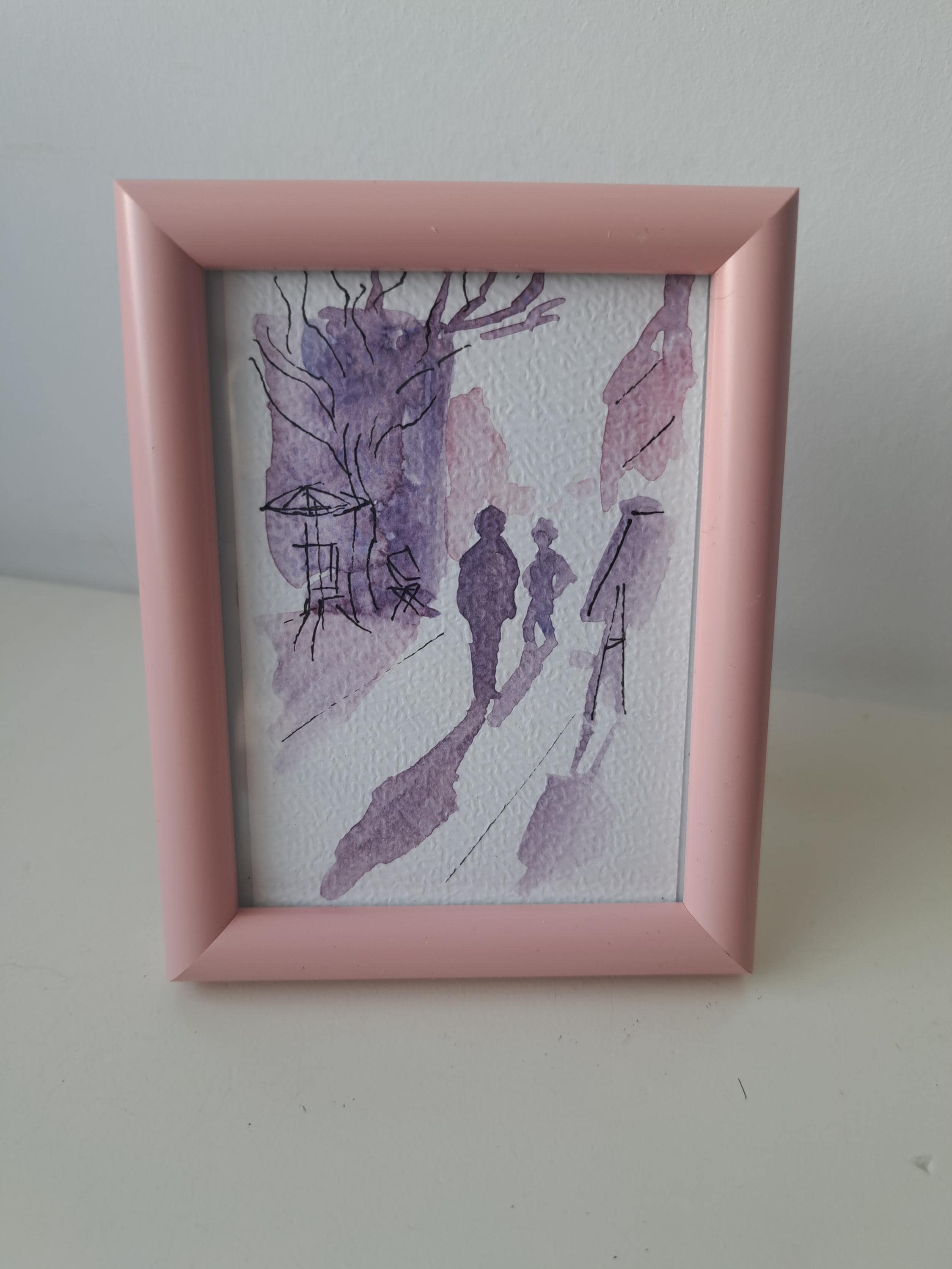 額入り水彩画：夕暮れの街の風景、フランス（3.5x4.7インチ） - Etsy 日本