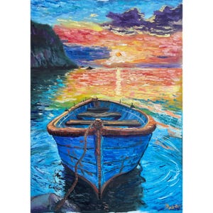 Old Fishing boat at sunset. original Oil painting 50x70cm