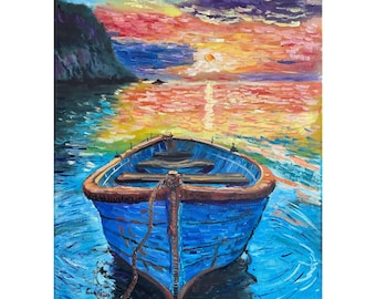 Oude vissersboot bij zonsondergang. origineel olieverfschilderij 50 x 70 cm