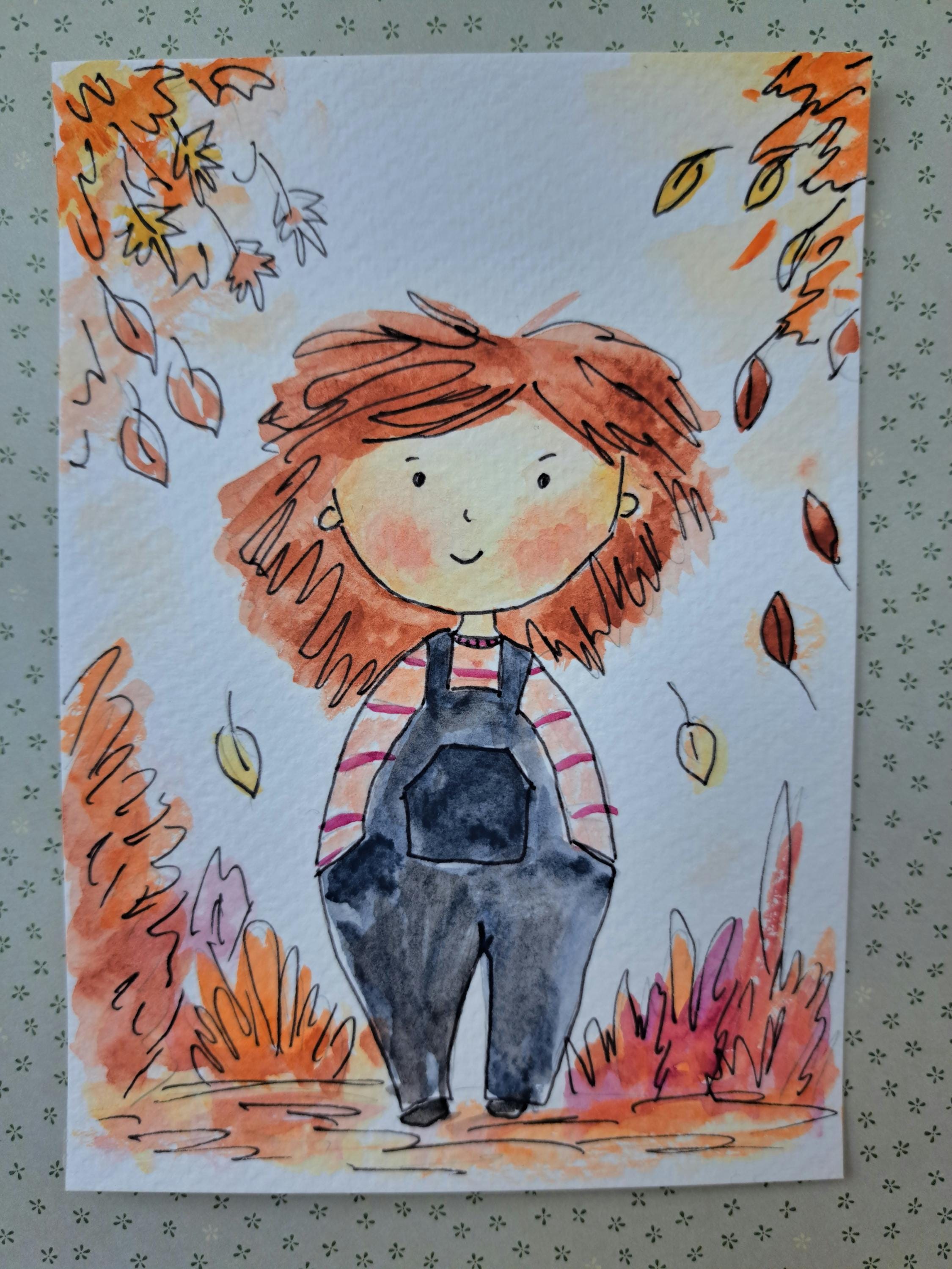 ポストカード かわいい女の子 秋 オリジナル水彩画 10 x 15 cm - Etsy 日本