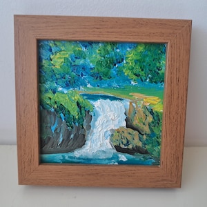 Cachoeira Paisagem Cascata 4x4 original mini pintura a óleo belas artes presente fofo mini arte ímã