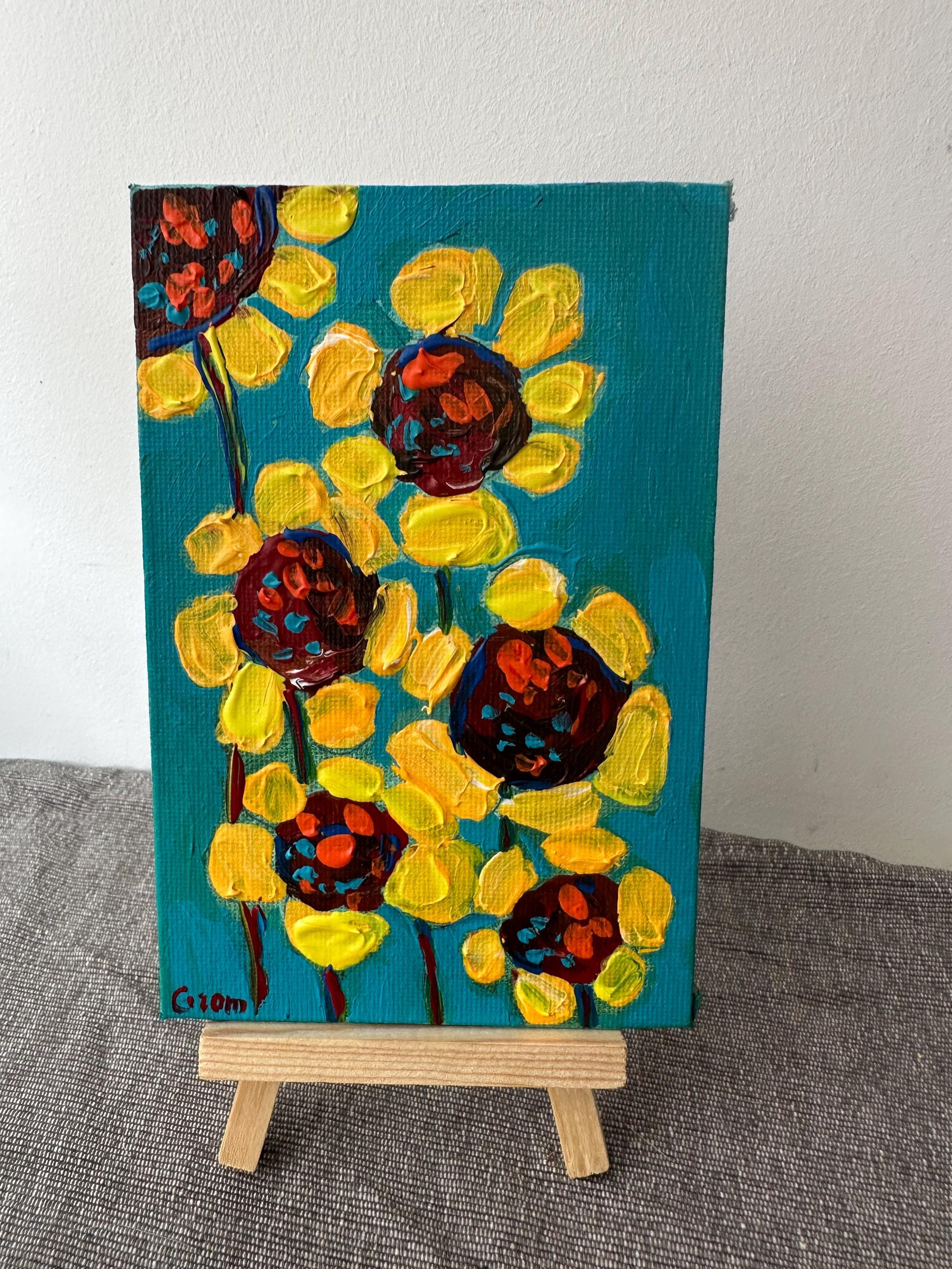 オリジナルアクリル画（黄色い花）：4x6インチのミニアート - Etsy 日本