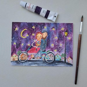 Postkarte süßes Paar bei Nacht original Aquarellmalerei 10 x 15 cm