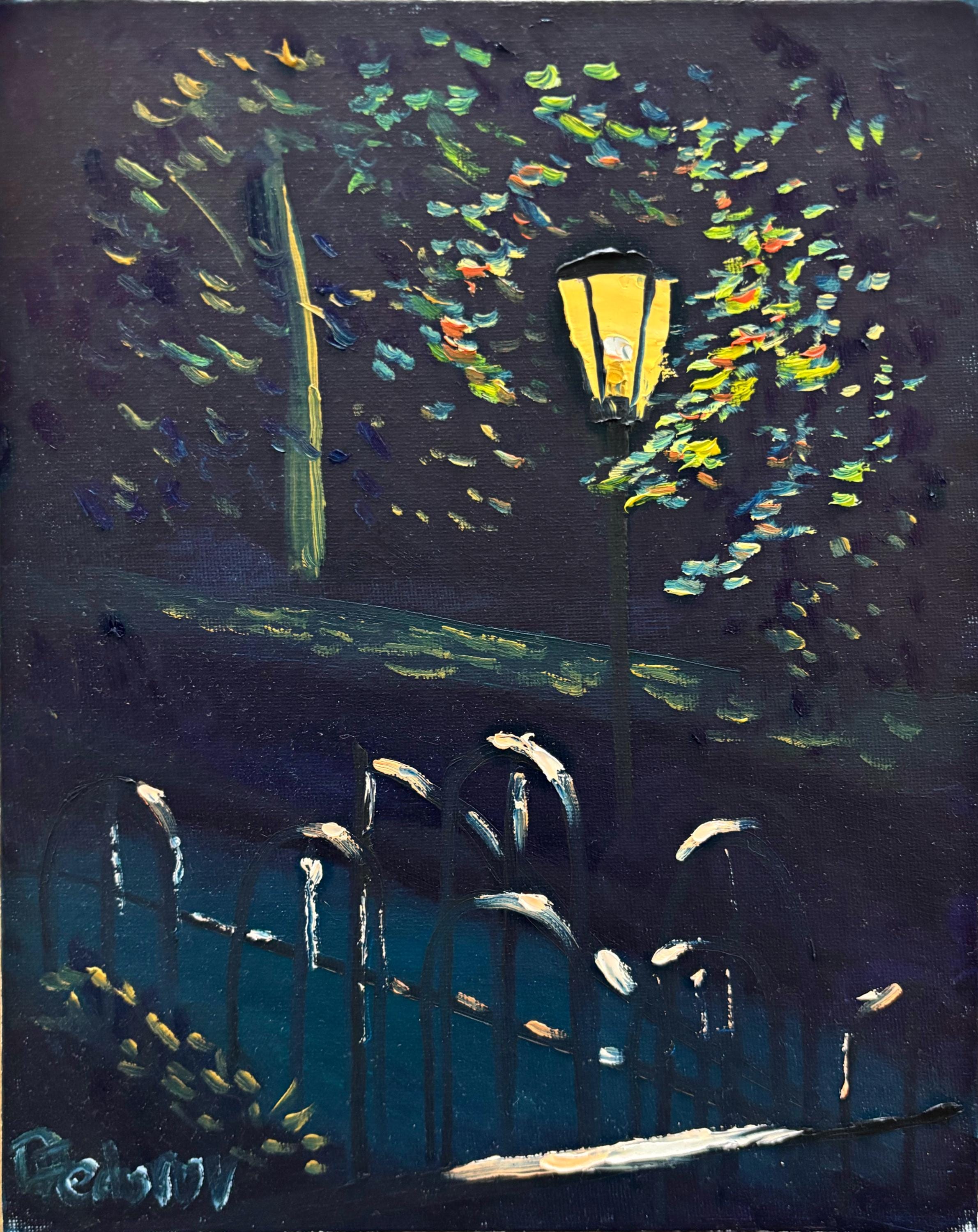 油彩画『街灯』 City Lights 3年 森永晴 使用画材 油彩 雨の日の街明かりが道路に反射
