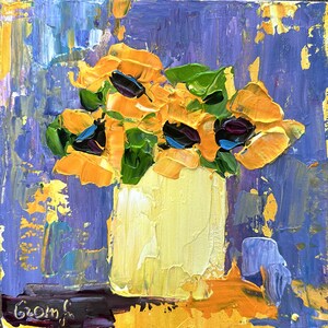 Bodegón de flores amarillas Pintura acrílica original 20 x 20 cm