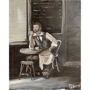 May include: An oil painting depicts a man seated at a small cafe table, resting his chin on his hand. He is dressed in a vest and white shirt. A small stool and chair are visible. A chalkboard menu is in the background. The painting is in shades of gray and white.