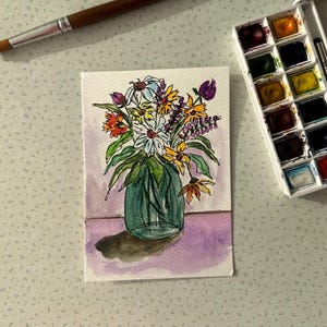 Postal lindo campo flores bodegón pintura acuarela original 10 x 15 cm