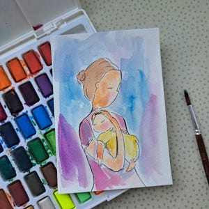Carte postale Mère bébé mignonne peinture aquarelle originale 10 x 15 cm