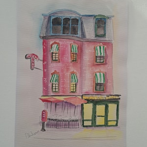 Pintura original de acuarela de una casa rosa con dibujos de paisaje urbano, 21 x 30 cm