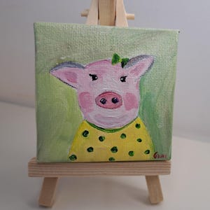 Pintura acrílica original de animales lindos de cerdo divertido Dibujos animados 3x3 Bellas Artes Lindo regalo Mini arte Taza miniatura