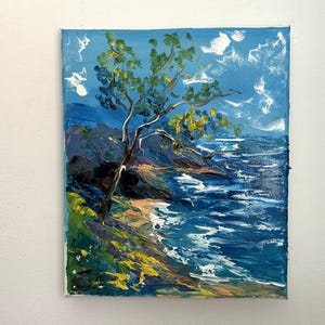 Seascape Tree on the hill original oil palette knife painting 25x30cm