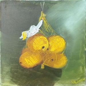 Stillleben mit Zitronen in den Maschen. Original Ölgemälde 30 x 30 cm