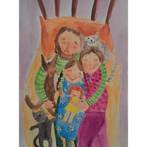 Jolie famille. Aquarelle originale 15 x 21 cm