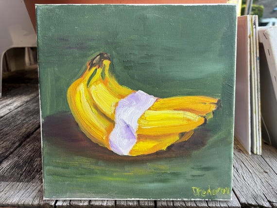 バナナのある静物。オリジナル油絵、25 x 25 cm - Etsy 日本