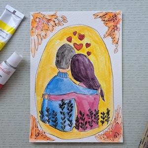 Cartolina carina Coppia Autunno amore dipinto ad acquerello originale 10 x 15 cm
