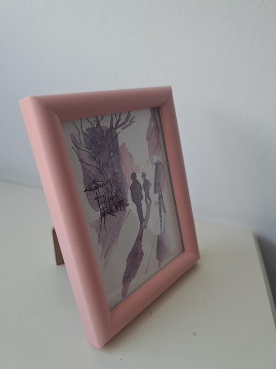 額入り水彩画：夕暮れの街の風景、フランス（3.5x4.7インチ） - Etsy 日本