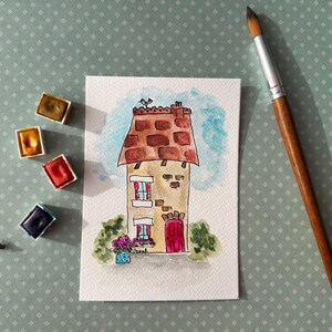Postcard cute illustration house flowers original watercolor painting 10x15cm
