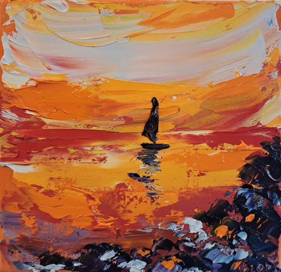ヨットの上のオレンジ色の夕日 海景 オリジナル油絵 20 x 20 cm - Etsy 