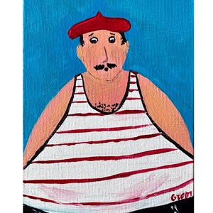 Słodki, kreskówkowy, gruby, zabawny człowiek, fan art, miniatura, oryginalny obraz akrylowy, 10 x 15 cm