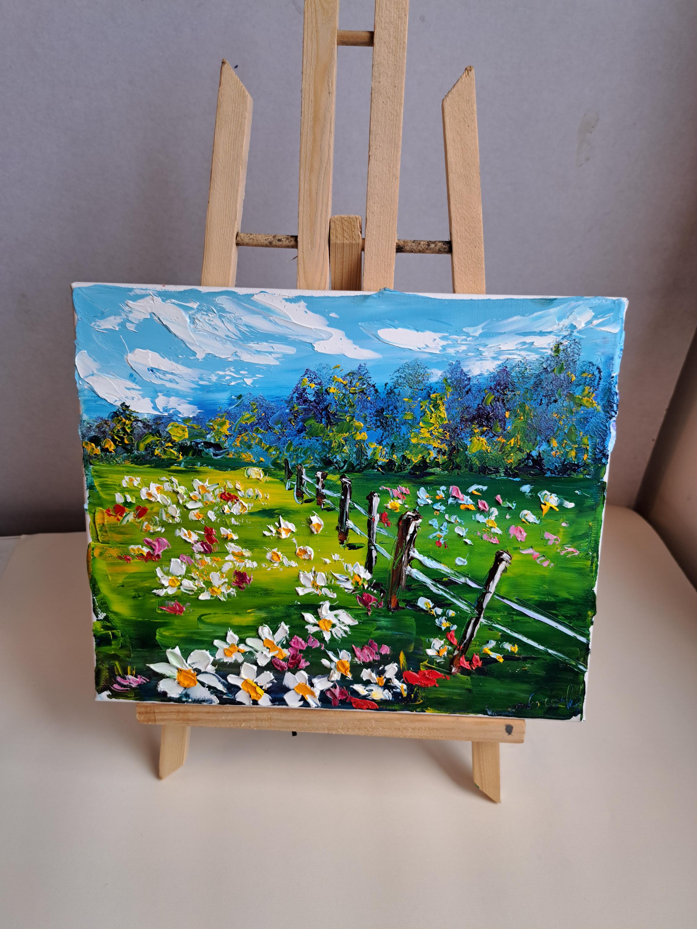 油絵 絵画 【野花の風景】 抽象的な野の花のオリジナル絵画 花畑アート 戸外絵画 キャンバス 田舎