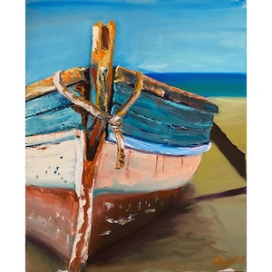 Old Fishing boat seascape coast impasto original Oil painting 50x60cm