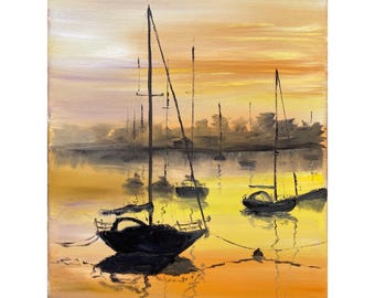 mkuさま】vintage picture❀ 海辺の家々とヨット 油絵 mkuさま