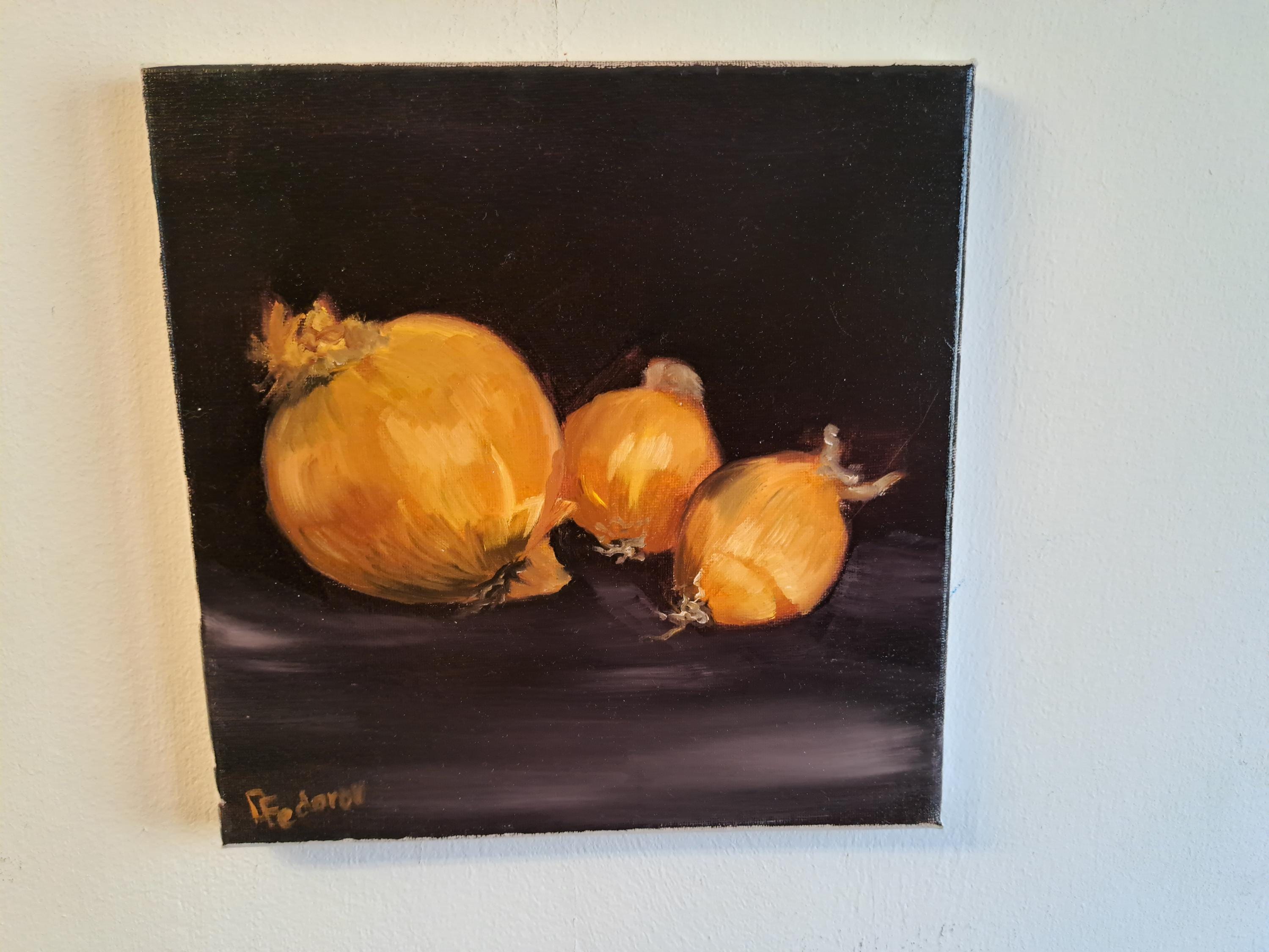 玉ねぎのある静物画。オリジナル油絵、25 x 25 cm - Etsy 日本