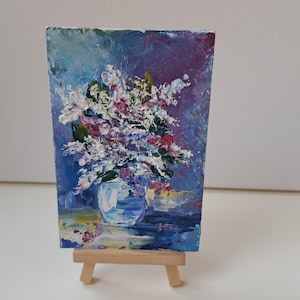 Bodegón de flores lilas con empastado profundo, pintura al óleo original de 4 x 6, bellas artes, lindo regalo, mini imán artístico