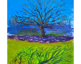 May include: An original oil painting of a tree with bare branches against a bright blue sky. The landscape features a green field in the foreground, a purple area, and a hint of trees in the background. The artist's signature is in the bottom right corner.
