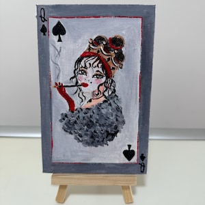 Ilustración de la baraja de la Reina de Picas, pintura acrílica original de 4 x 6 pulgadas, bellas artes, lindo regalo, mini arte