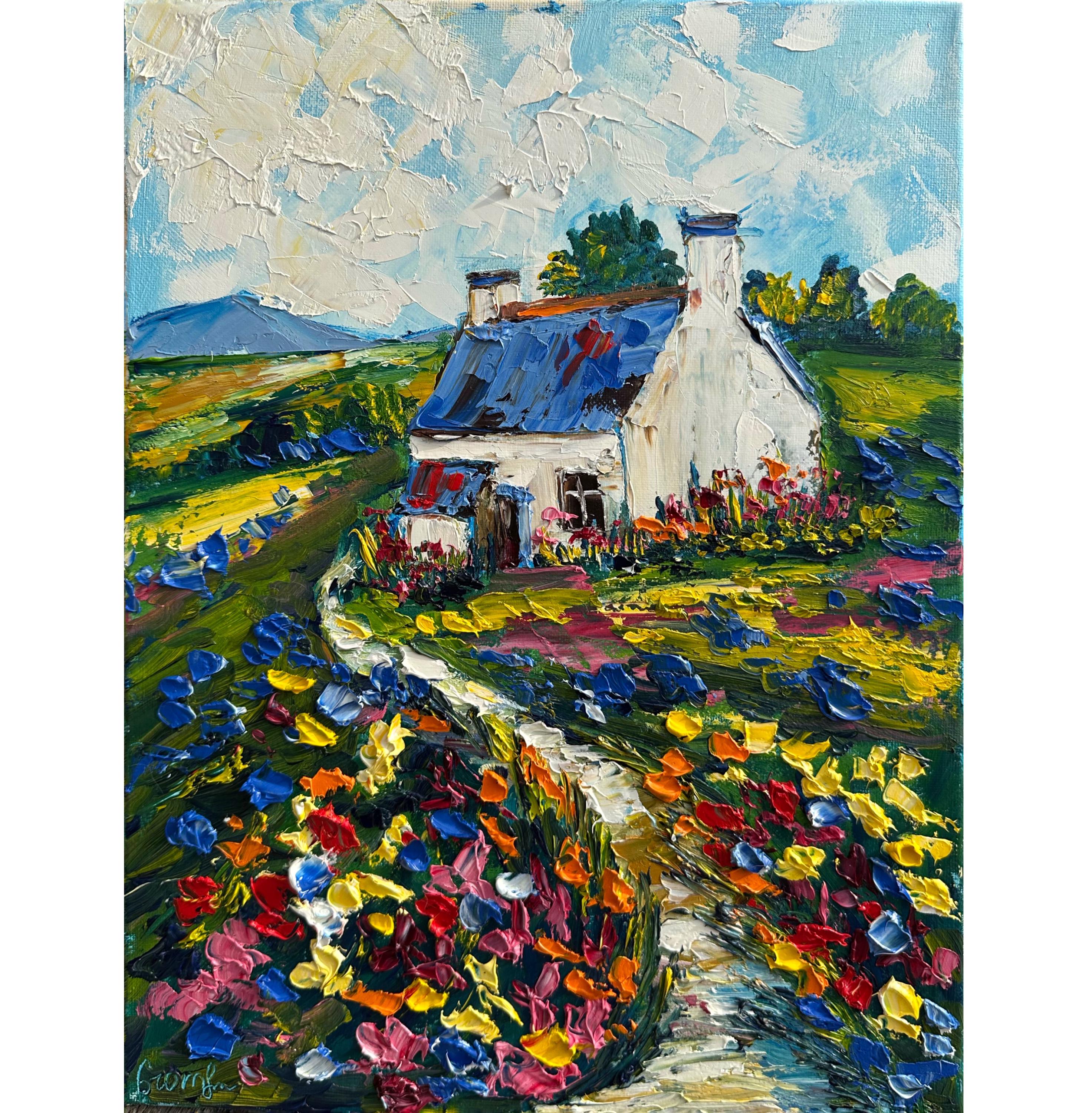 オリジナル油絵：花のある青い屋根の家、都市景観アート（30 x 40 cm