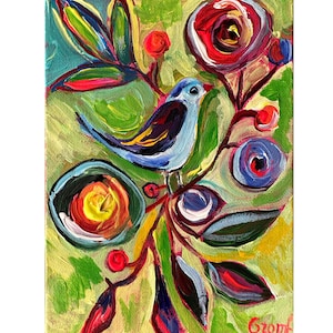 Pintura acrílica original moderna com flores e pássaros multicoloridos 13 x 18 cm
