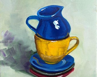 Still life with Coffee cups. Original oil painting 30x30cm