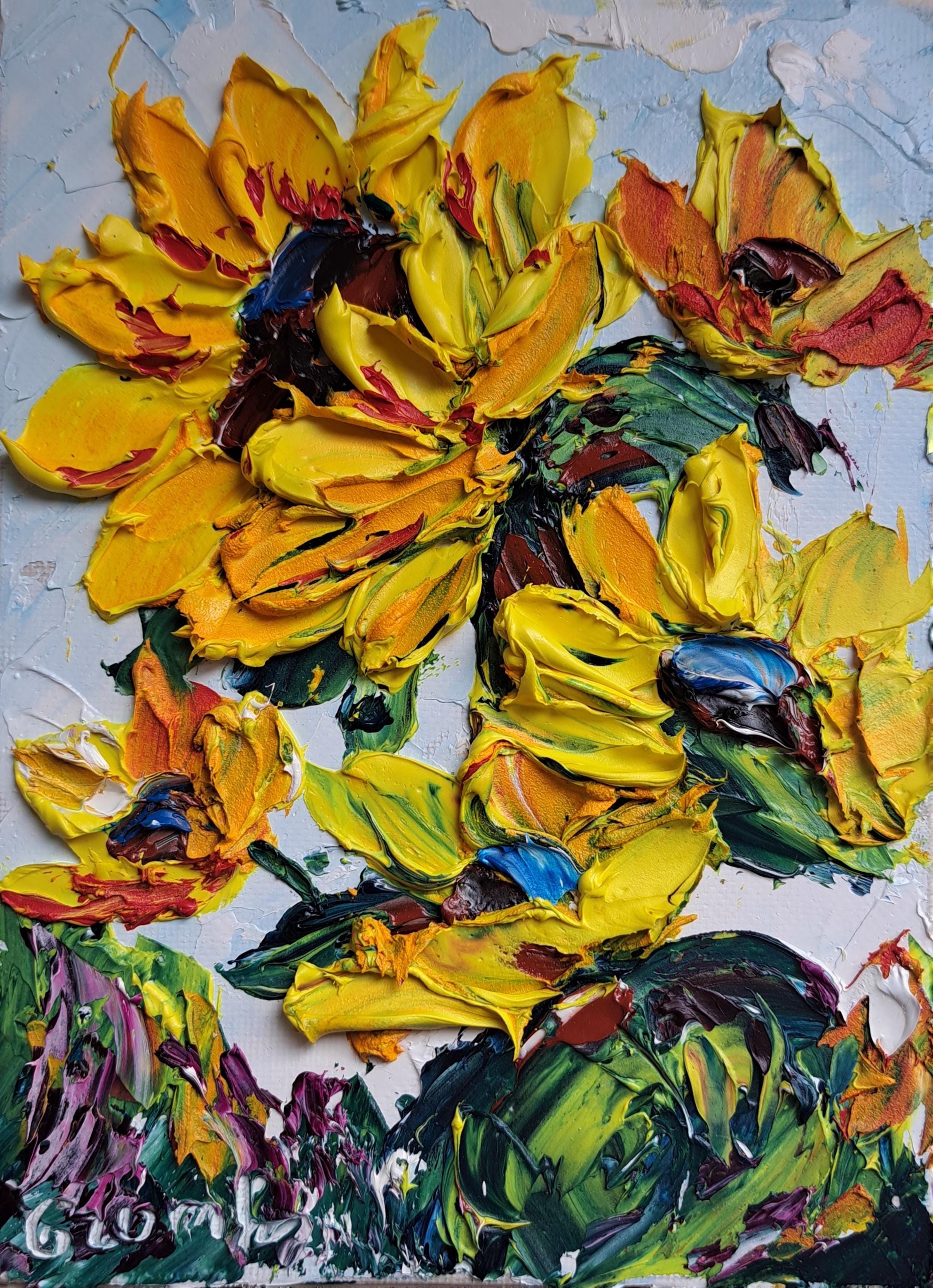 ヒマワリ 黄色い厚塗りの花 オリジナル油絵 13 x 18 cm - Etsy 日本