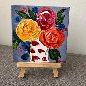 Still life Flowers Rose original acrylic painting 10x10cm fine art cute gift mini art miniature
