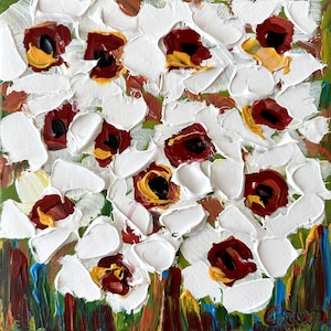 Bodegón de flores blancas Pintura acrílica 8x8 pintura original Espátula empasto profundo Textura pasta