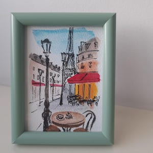 Mini dipinto ad acquerello originale in cornice decorativa Caffè Vecchia strada vecchia città paesaggio urbano Francia disegno 3,5x4,7 Parigi belle arti carino regalo