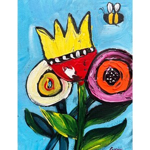 Pintura acrílica original moderna de dibujos animados de flores y abejas 13 x 18 cm