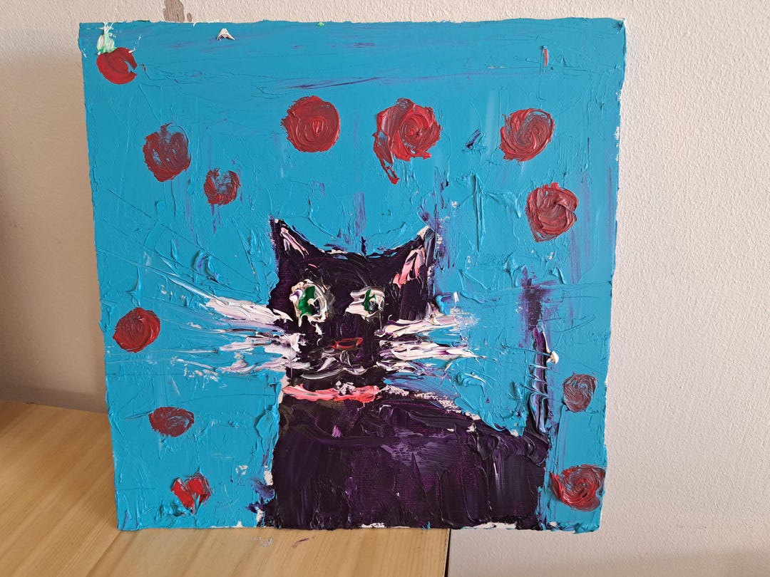 漫画の黒猫自閉症アーティストのイラストアクリル画オリジナル25 x 25