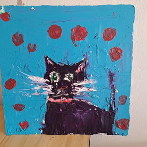 Dibujo de gato negro autista, ilustración artística, pintura acrílica original, 25 x 25 cm