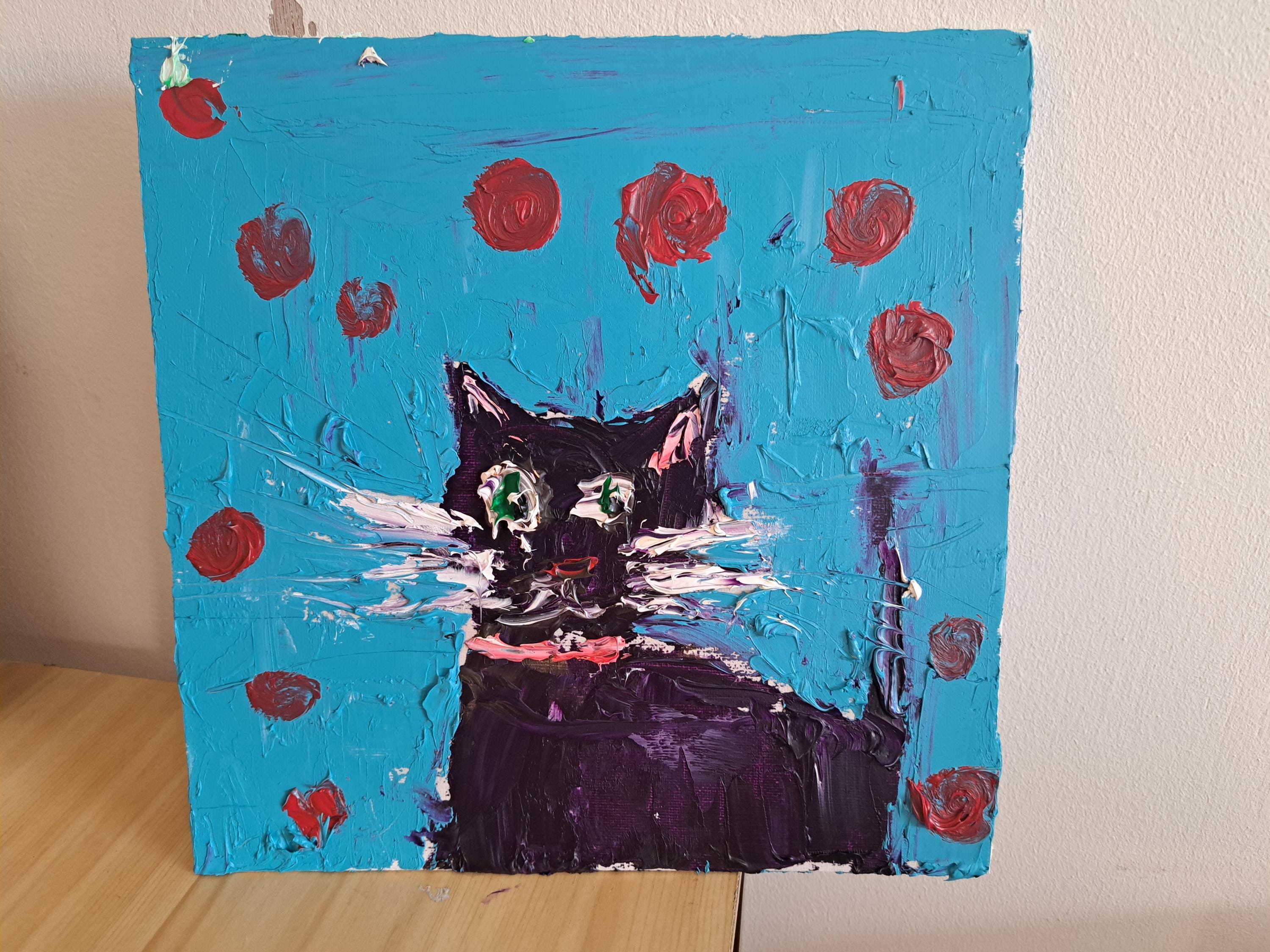 漫画の黒猫自閉症アーティストのイラストアクリル画オリジナル25 x 25