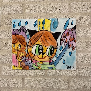 Cartoon girl cat portrait  umbrella autisme artist ilustration watercolor painting 24x30