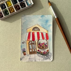 Postcard cute house flowers original watercolor painting 10x15cm
