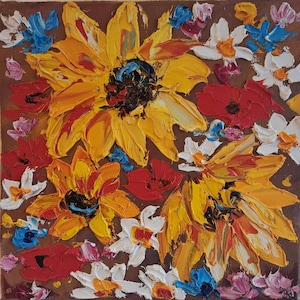 Pintura a óleo original estilo étnico flores amarelas 20 x 20 cm