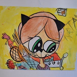 Dibujo animado de una niña gata autorretrato artista autista acuarela pintura original 24x30