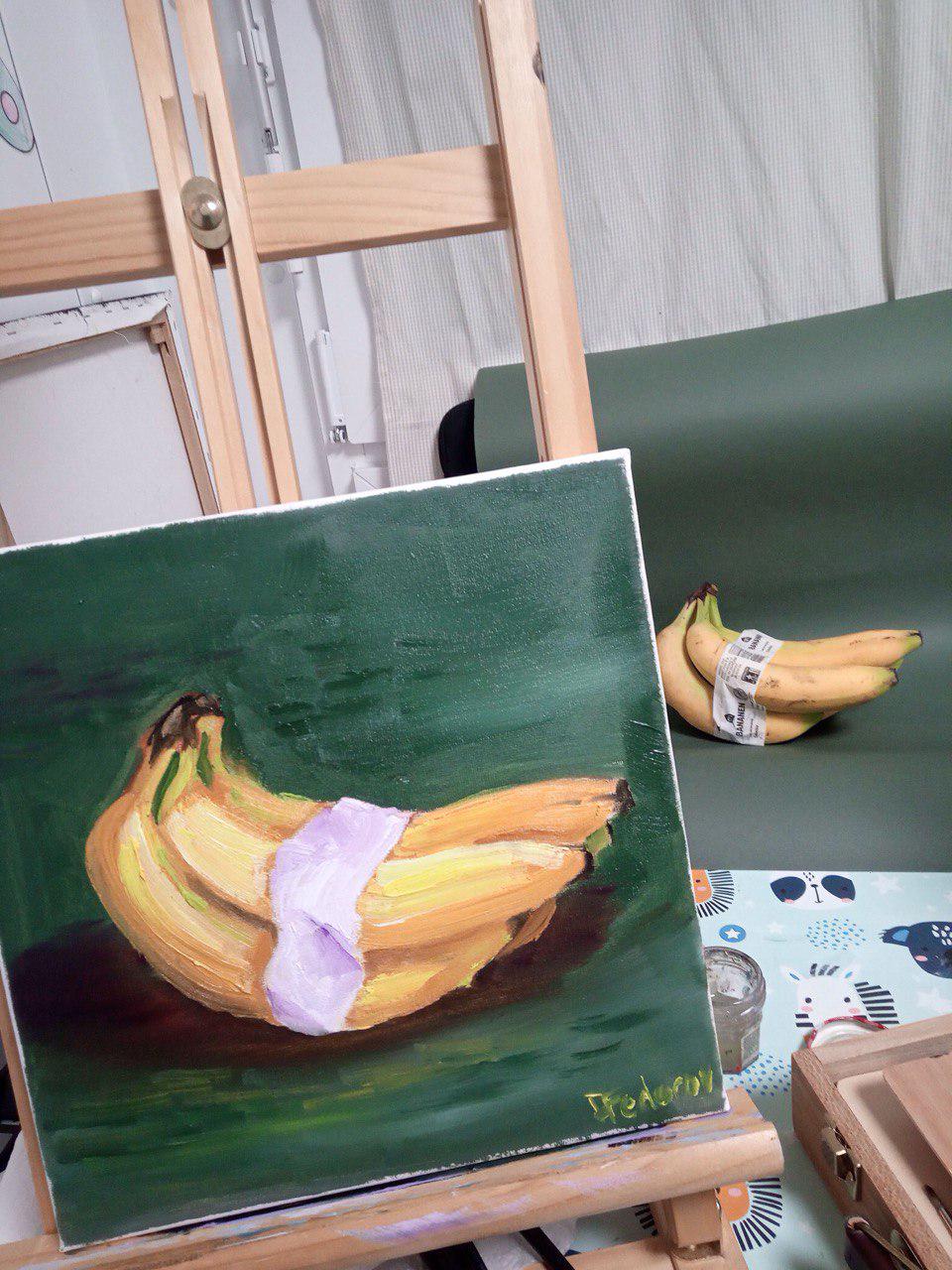 バナナのある静物画。オリジナル油絵、25 x 25 cm - Etsy 日本