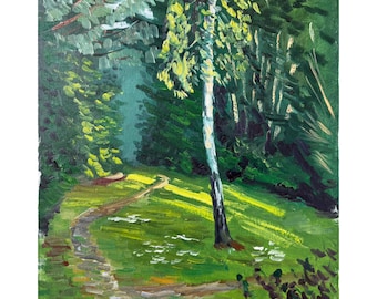 Oil Painting Birch Tree Landscape, Textured Impressionist Forest Canvas Art 40x50cm