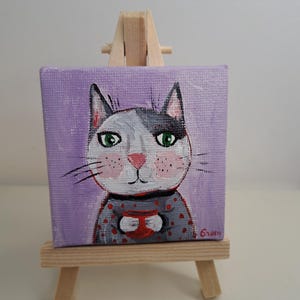 Divertido gato lindo animales pintura acrílica original Dibujos animados 3x3 bellas artes lindo regalo mini arte miniatura taza