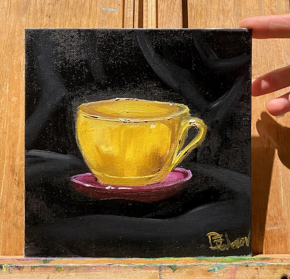 黄色いコーヒーカップのある静物。オリジナル油絵、20 x 20 cm - Etsy 日本